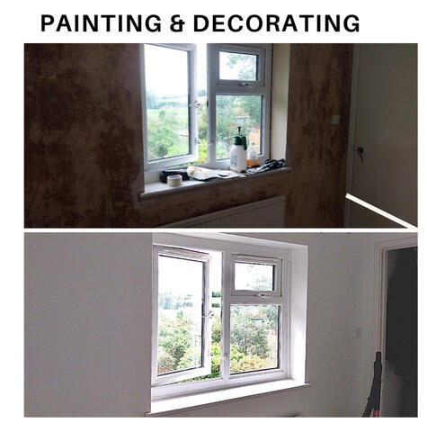 Room transformation showing wallpaper stripped and walls repainted.